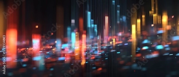 Fototapeta Complex data visualization of neural network algorithm predicting stock movements with futuristic geometric layers of market charts and glowing particles for quantitative trading big data analysis.