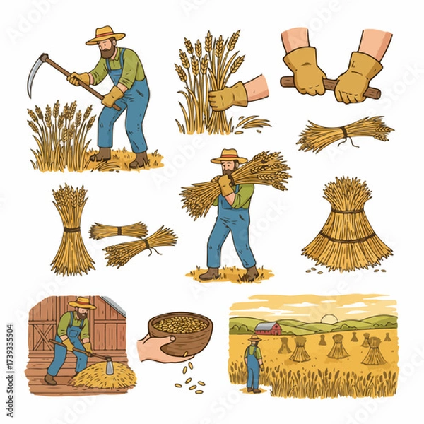 Fototapeta Harvesting wheat field with farmer and bundles