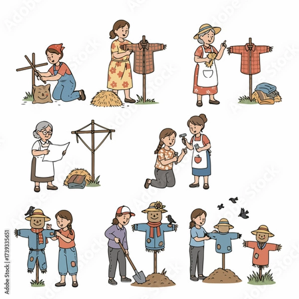 Fototapeta People making scarecrows in a field autumn harvest