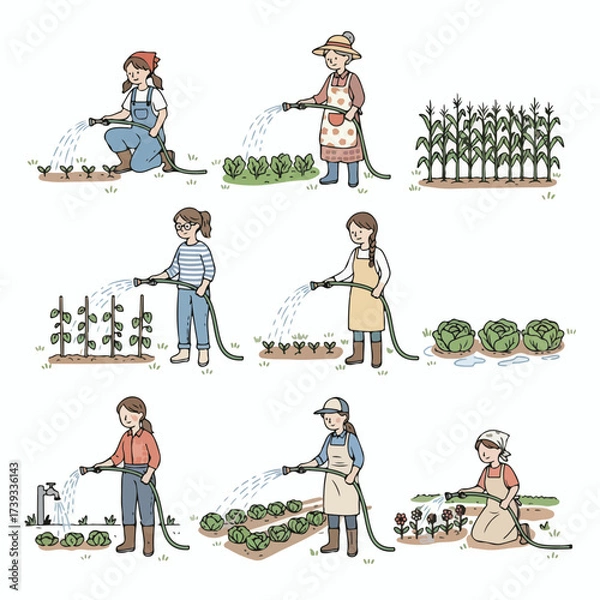 Fototapeta Farmers watering crops in a garden scene