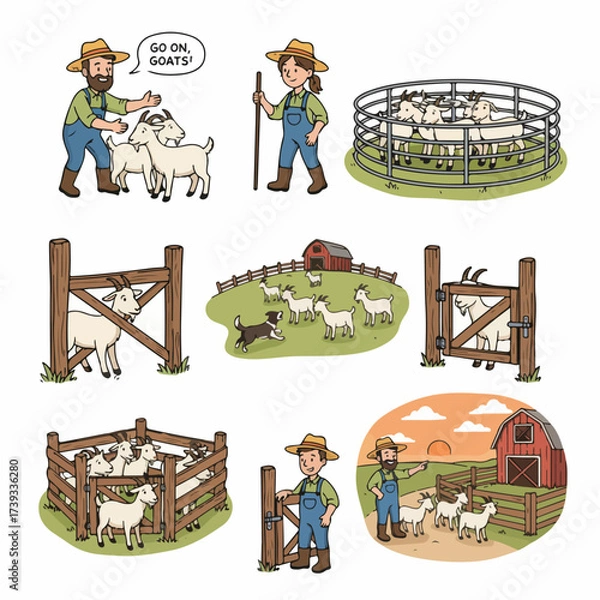 Fototapeta Goats on farm with farmers and fences