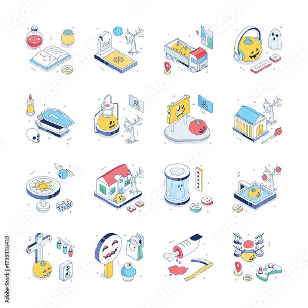 Fototapeta A collection of halloween isometric illustration in outline style