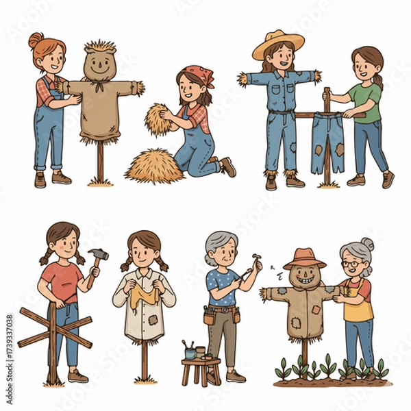 Fototapeta People building a scarecrow in a field