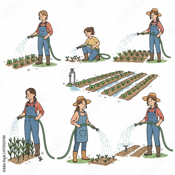 Fototapeta Farmers watering plants in a garden plot