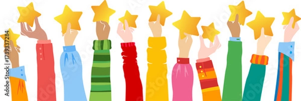 Fototapeta Hands up and holding golden stars. Vector horizontal border with colorful decoration elements.