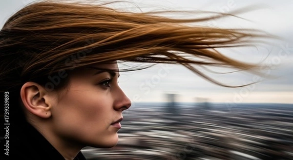 Fototapeta Woman with flowing hair in profile against a blurred cityscape background.
