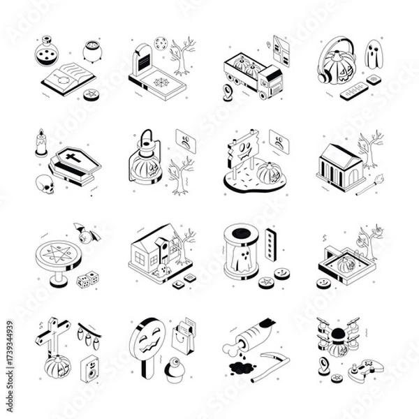 Fototapeta A collection of halloween isometric illustration in outline style