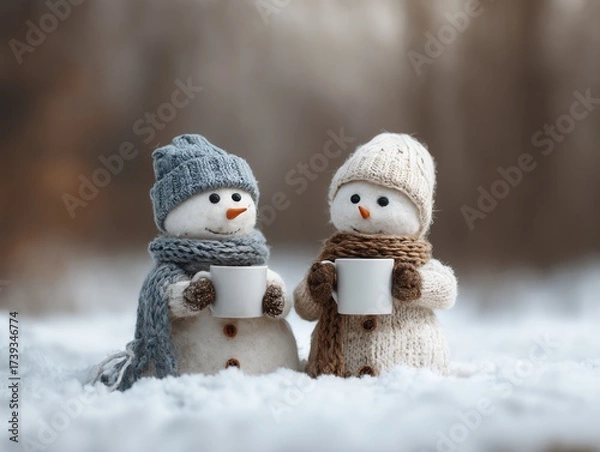 Fototapeta Friends sipping hot cocoa after building a snowman