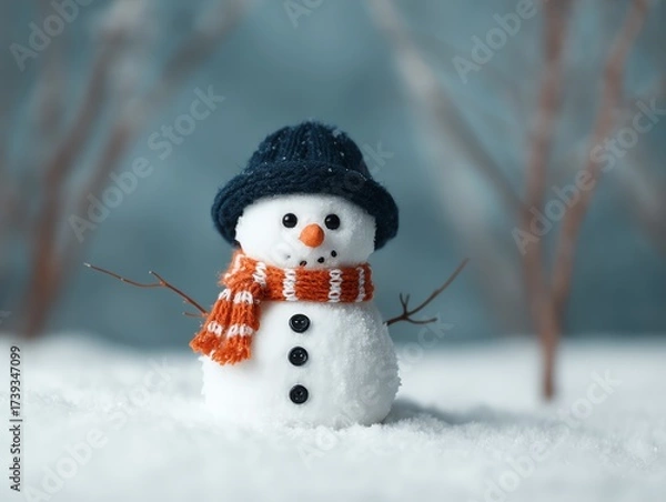 Fototapeta Snowman with carrot nose and coal buttons in snowy landscape