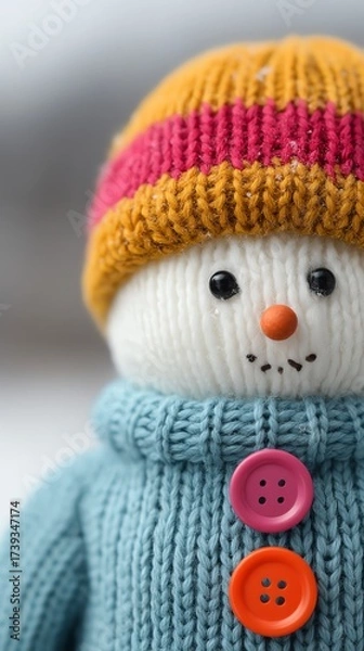Fototapeta Snowman with colorful buttons and knitted hat