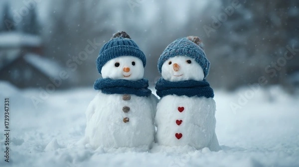 Fototapeta Snowman-building competition in a snowy neighborhood
