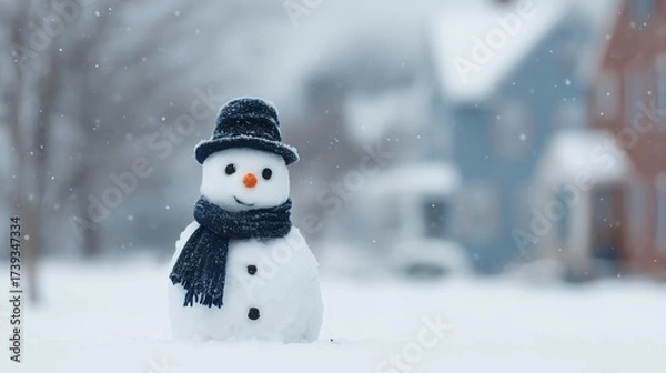 Fototapeta Snowman-building competition in a snowy neighborhood