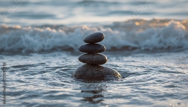 Fototapeta A perfectly balanced stack of stones creates a zen tower of harmony on the tranquil beach with the ocean and sky in the background