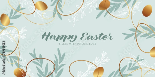 Fototapeta Happy easter vector greeting card or web banner. Horizontal design with Easter eggs and flower branches