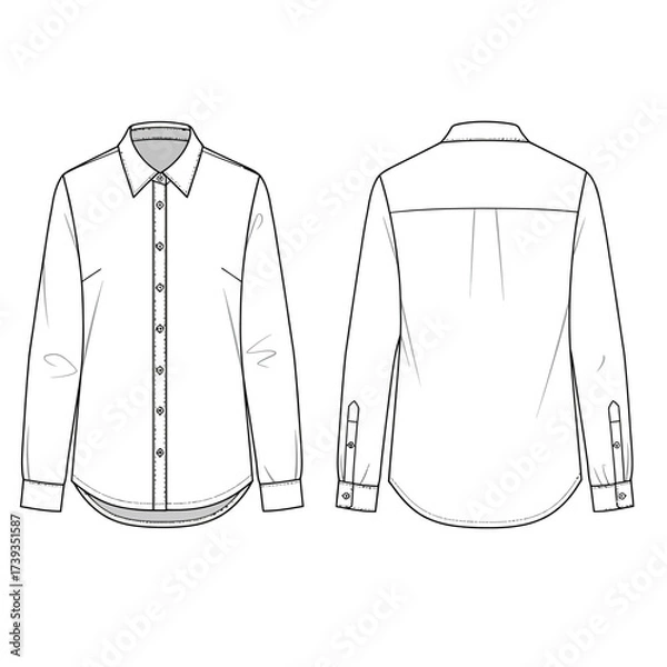 Fototapeta Front and back flat sketch of a classic long-sleeve button-up shirt for apparel design isolated on white background