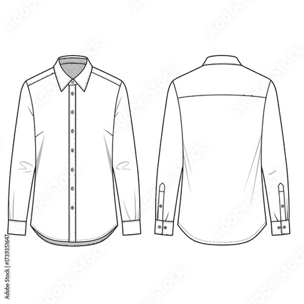 Fototapeta Detailed fashion sketch of a classic long-sleeved button-down shirt front and back views isolated on white background