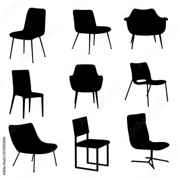 Fototapeta Collection of nine distinct silhouetted chairs in various modern designs and styles isolated on white background