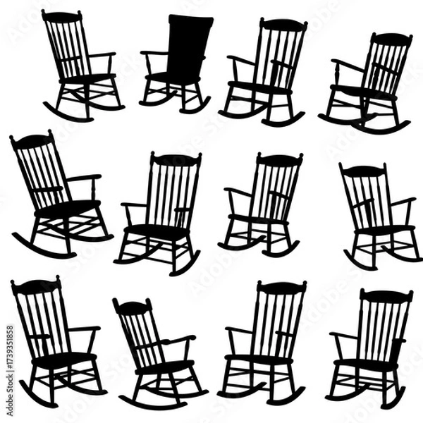 Fototapeta Collection of silhouetted rocking chairs displayed in a dynamic arrangement for interior design concepts isolated on white background