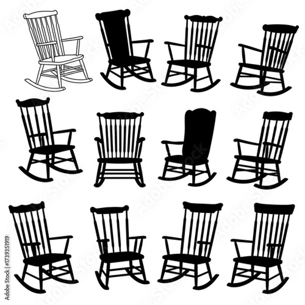 Fototapeta Collection of rustic traditional wooden rocking chairs in various styles and silhouettes isolated on white background