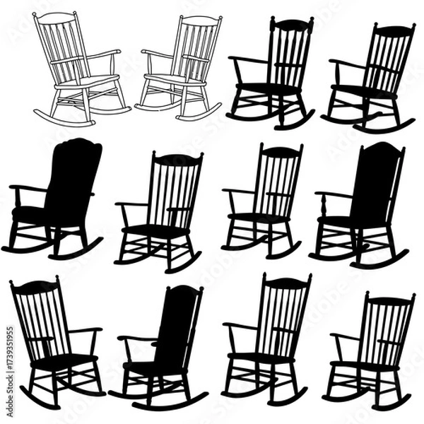 Fototapeta Collection of traditional wooden rocking chairs in various styles and silhouettes for relaxing home decor and furniture design isolated on white background