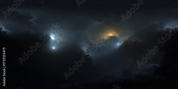 Fototapeta 360 degree space nebula. Giant interstellar cloud with stars, equirectangular projection, environment map. Spherical panorama. 3D rendering, Fractal image