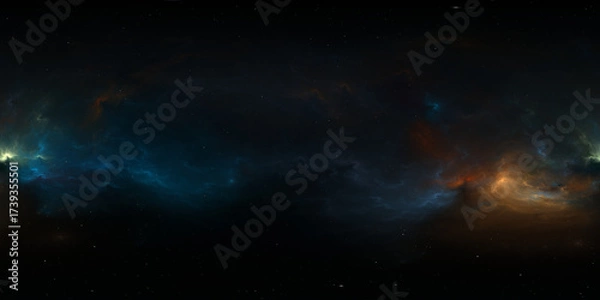 Fototapeta 360 degree space nebula. Giant interstellar cloud with stars, equirectangular projection, environment map. Spherical panorama. 3D rendering, Fractal image