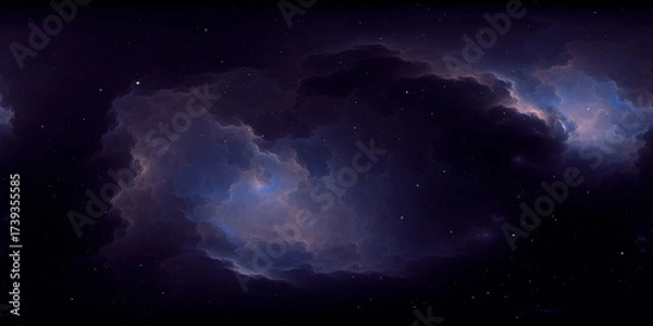 Fototapeta 360 degree space nebula. Giant interstellar cloud with stars, equirectangular projection, environment map. Spherical panorama. 3D rendering, Fractal image