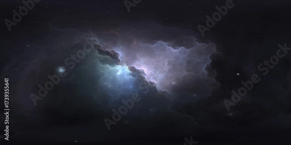 Fototapeta 360 degree space nebula. Giant interstellar cloud with stars, equirectangular projection, environment map. Spherical panorama. 3D rendering, Fractal image