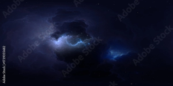 Fototapeta 360 degree space nebula. Giant interstellar cloud with stars, equirectangular projection, environment map. Spherical panorama. 3D rendering, Fractal image