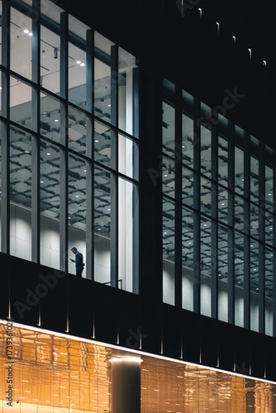 Fototapeta Worker staying late in modern office at night, Businessman or employee working overtime in illuminated urban building