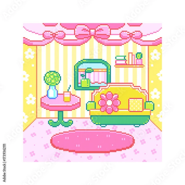 Fototapeta Pixel Art Pastel Living Room Background. Kawaii Interior with Bow Drapes, Striped Wallpaper, Green Sofa and Flower Cushion, Round Pink Rug, Small Table with Vase and Juice, Shelf with Books.