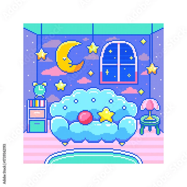 Fototapeta Pixel Art Dreamy Night Room Background. Kawaii 8-Bit Interior with Crescent Moon and Hanging Stars, Arched Window to Starry Sky, Puffy Blue Sofa with Cushions, Bedside Lamp and Clock.