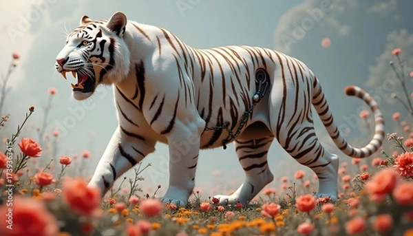 Fototapeta Futuristic Hybrid Tiger Standing Among Red Blossoms As A Symbol Of Power