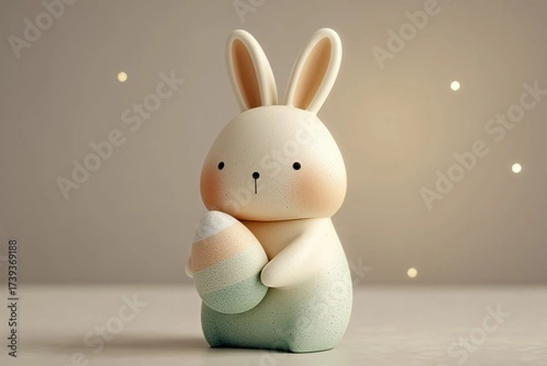 Fototapeta Cute bunny figure holding an Easter egg with soft colors and a simple background for a festive atmosphere