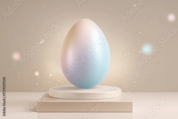 Fototapeta Colorful egg levitating on a pedestal in a soft, glowing environment with sparkles around it