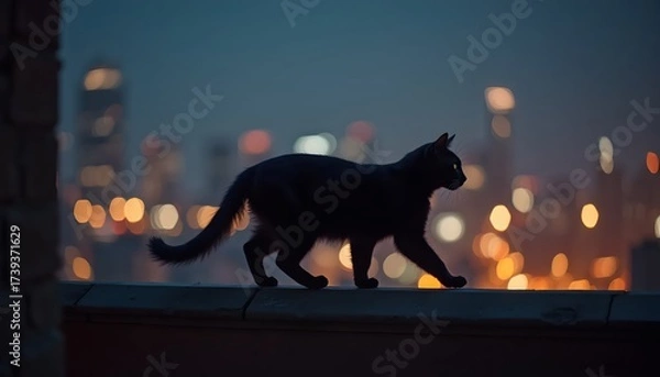 Fototapeta Fearless Cat Crossing Balcony Railing Above Night City Skyline Lights