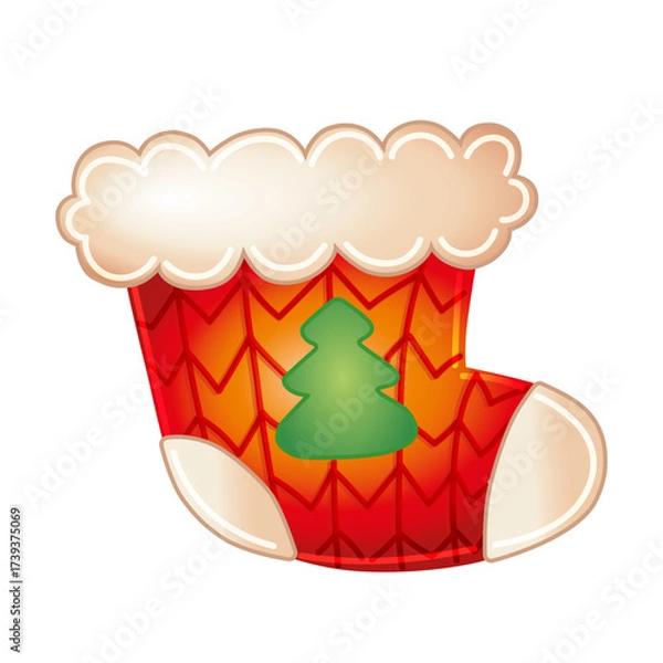 Fototapeta Red and white knitted Christmas stocking decorated with  Christmas tree on a transparent background