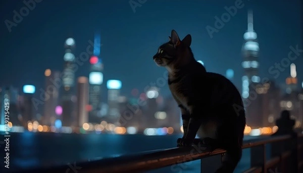 Fototapeta Fluffy Cat Observing Magical Skyline From Dangerous Balcony Edge