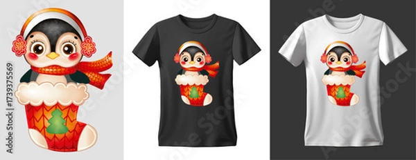 Fototapeta Cute penguin in a winter hat with bombs in a red knitted scarf in a Christmas stocking, typography design. Ready to print on t shirts, mug and all of print items. T-Shirt design template. 