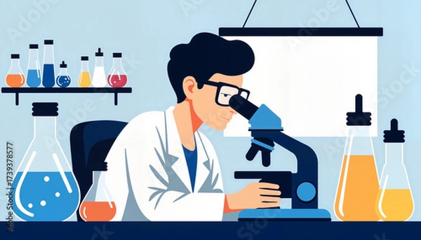 Fototapeta A cartoon male scientist examining samples under microscope in laboratory, flat vector illustration style  