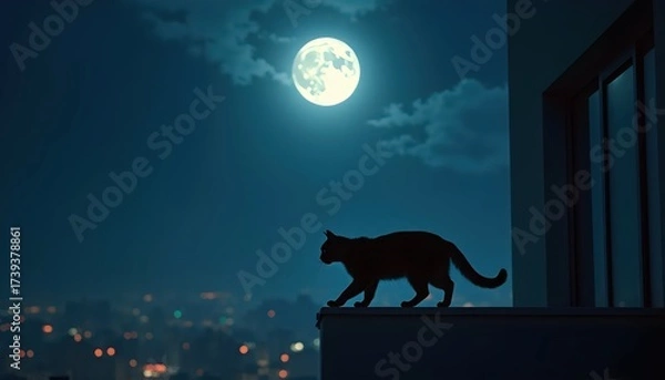 Fototapeta Fluffy Feline Balancing At Night Surrounded By Stars And City Lights