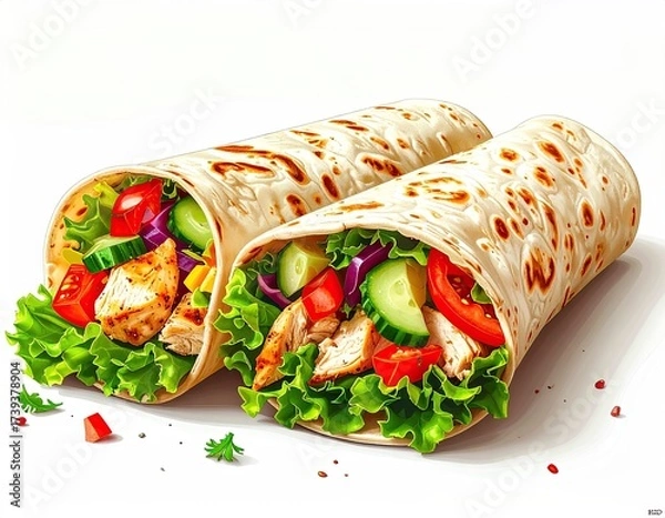 Fototapeta Two flavorful wraps filled with grilled chicken and colorful veggies