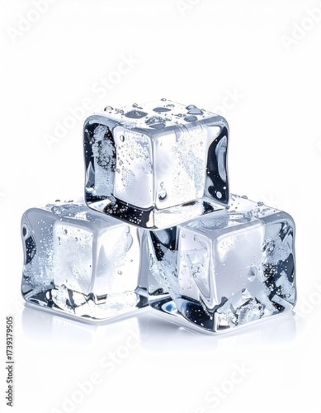 Fototapeta Three clear ice cubes stacked, wet