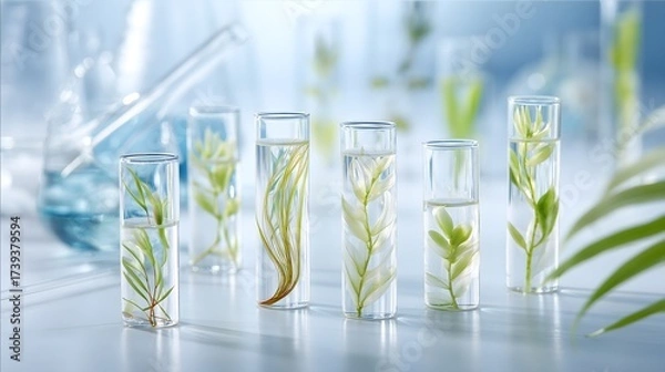 Fototapeta Test tubes with green plants submerged in water. Laboratory setting with a clean, modern design. 