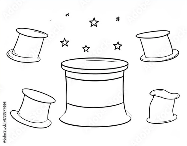 Fototapeta Cartoon magic hats floating around a cylindrical platform
