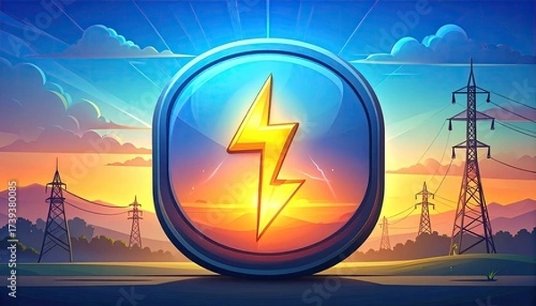 Fototapeta Animated lightning icon on sunset landscape