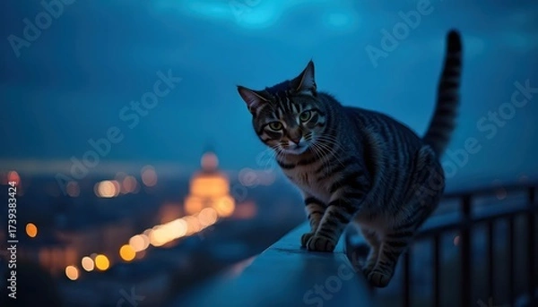 Fototapeta Cat With Glowing Eyes Balancing On Skyscraper Edge Against City Skyline