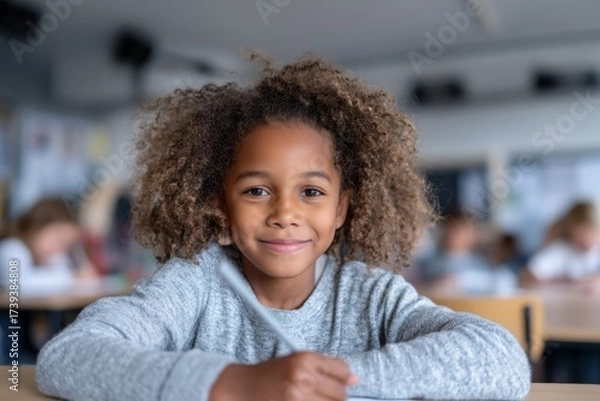 Fototapeta Smiling african child in classroom with pencil and notebook