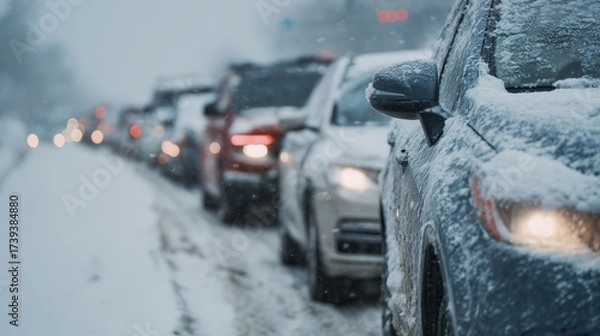 Fototapeta Close-up view of cars stuck in traffic during heavy snowfall. Vehicles covered with snow and ice move slowly on a dangerous winter road in bad weather conditions.