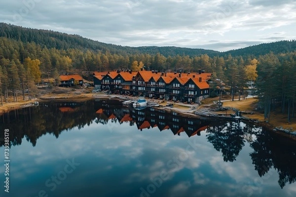 Fototapeta Scandinavian lakeside cabins with orange roofs reflecting in still forest water during autumn